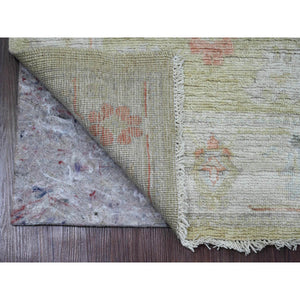 2'9"x11'3" Olive Green, Afghan Angora Oushak With All Over Leaf Design, Veggie Dyes, Hand Knotted, 100% Wool, Runner, Oriental Rug FWR539592