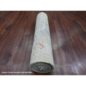 2'9"x11'3" Olive Green, Afghan Angora Oushak With All Over Leaf Design, Veggie Dyes, Hand Knotted, 100% Wool, Runner, Oriental Rug FWR539592