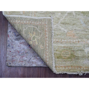2'9"x10' Reseda Green, Afghan Angora Oushak with All Over Leaf Design, Vegetable Dyes, 100% Wool, Hand Knotted, Runner, Oriental Rug FWR539622