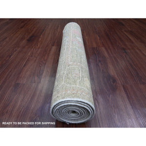 2'9"x10' Reseda Green, Afghan Angora Oushak with All Over Leaf Design, Vegetable Dyes, 100% Wool, Hand Knotted, Runner, Oriental Rug FWR539622