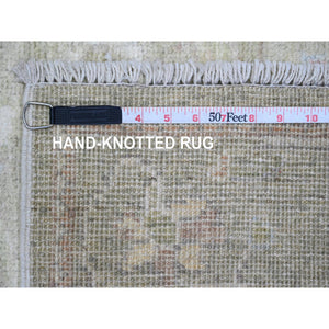 2'9"x10' Reseda Green, Afghan Angora Oushak with All Over Leaf Design, Vegetable Dyes, 100% Wool, Hand Knotted, Runner, Oriental Rug FWR539622