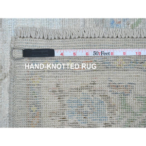 3'1"x10' Pastel Gray, Pure Wool, Afghan Angora Oushak with Soft Color Leaf Design, Hand Knotted, Natural Dyes, Runner, Oriental Rug FWR539580