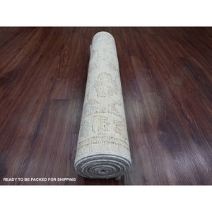 2'10"x12'7" Pearl White, 100% Wool, Afghan Angora Oushak With All Over Leaf Motifs, Natural Dyes, Hand Knotted, Runner, Oriental Rug FWR539652