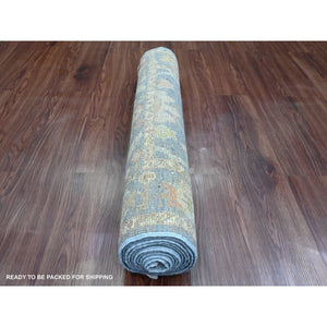 2'9"x9'9" Aegean Blue, Hand Knotted, Afghan Angora Oushak with All Over Leaf Design, Veggie Dyes, 100% Wool, Runner, Oriental Rug FWR539670
