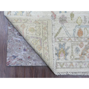 2'8"x11'8" Pearl White, Afghan Angora Oushak With Colorful Vines Design, Hand Knotted, Natural Dyes, Pure Wool, Runner, Oriental Rug FWR539766