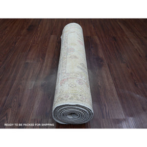 2'8"x11'8" Pearl White, Afghan Angora Oushak With Colorful Vines Design, Hand Knotted, Natural Dyes, Pure Wool, Runner, Oriental Rug FWR539766