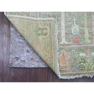 2'8"x10' Laurel Green, Afghan Angora Oushak with Colorful Cypress and Willow Design, Vegetable Dyes, 100% Wool, Hand Knotted, Runner, Oriental Rug FWR539808
