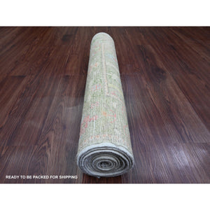 2'8"x10' Laurel Green, Afghan Angora Oushak with Colorful Cypress and Willow Design, Vegetable Dyes, 100% Wool, Hand Knotted, Runner, Oriental Rug FWR539808