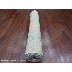 4'x10'2" Medium Gray, Afghan Peshawar with Birds of Paradise Design, Hand Knotted, Soft Wool, Vegetable Dyes, Wide Runner, Oriental Rug FWR539874