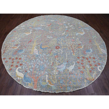 Load image into Gallery viewer, 10&#39;1&quot;x10&#39;1&quot; Spanish Gray, Afghan Peshawar with Birds of Paradise Design, Hand Knotted, Soft Wool, Vegetable Dyes, Round, Oriental Rug FWR539898
