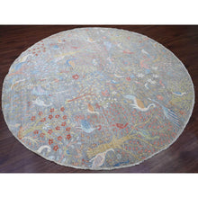 Load image into Gallery viewer, 10&#39;1&quot;x10&#39;1&quot; Spanish Gray, Afghan Peshawar with Birds of Paradise Design, Hand Knotted, Soft Wool, Vegetable Dyes, Round, Oriental Rug FWR539898