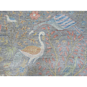 10'1"x10'1" Spanish Gray, Afghan Peshawar with Birds of Paradise Design, Hand Knotted, Soft Wool, Vegetable Dyes, Round, Oriental Rug FWR539898