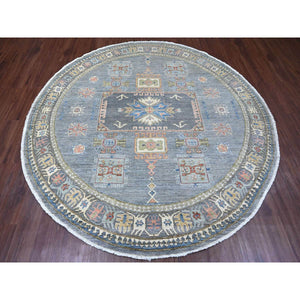 8'x8' Misty Gray, Peshawar with Antique Caucasian Influence Design, Hand Knotted, 100% Wool, Densely Woven, Round, Oriental Rug FWR539982