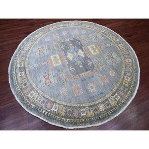 8'x8' Misty Gray, Peshawar with Antique Caucasian Influence Design, Hand Knotted, 100% Wool, Densely Woven, Round, Oriental Rug FWR539982
