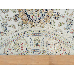 6'5"x6'5" Powder White, Organic Wool, Hand Knotted, Nain With Center Medallion Flower Design, 250 Kpsi, Round Oriental Rug FWR540024