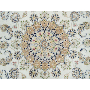 6'5"x6'5" Powder White, Organic Wool, Hand Knotted, Nain With Center Medallion Flower Design, 250 Kpsi, Round Oriental Rug FWR540024