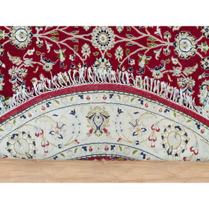 4'10"x4'10" Burgundy Red, Nain With All Over Flower Design, 250 Kpsi, Extra Soft Wool, Hand Knotted, Round Oriental Rug FWR540108