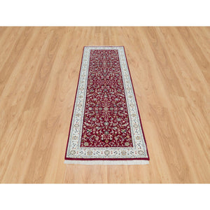 2'9"x8'2" Burgundy Red, Hand Knotted, Nain With All Over Flower Design, 250 Kpsi, Organic Wool, Runner Oriental Rug FWR540132