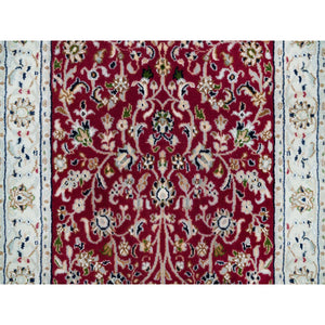 2'9"x8'2" Burgundy Red, Hand Knotted, Nain With All Over Flower Design, 250 Kpsi, Organic Wool, Runner Oriental Rug FWR540132