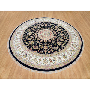 9'10"x9'10" Midnight Blue, 250 KPSI, Extra Soft Wool, Hand Knotted, Nain with Center Medallion Flower Design, Round Oriental Rug FWR540144