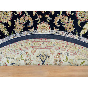 9'10"x9'10" Midnight Blue, 250 KPSI, Extra Soft Wool, Hand Knotted, Nain with Center Medallion Flower Design, Round Oriental Rug FWR540144