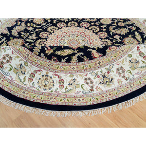 9'10"x9'10" Midnight Blue, 250 KPSI, Extra Soft Wool, Hand Knotted, Nain with Center Medallion Flower Design, Round Oriental Rug FWR540144