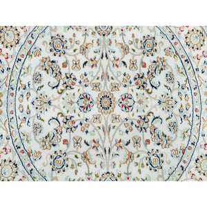 4'1"x4'1" Powder White, Hand Knotted, Nain With All Over Flower Design, 250 Kpsi, Soft Wool, Round Oriental Rug FWR540156