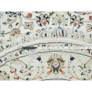 4'1"x4'1" Powder White, Hand Knotted, Nain With All Over Flower Design, 250 Kpsi, Soft Wool, Round Oriental Rug FWR540156