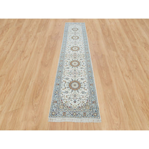 2'8"x13' Powder White, Hand Knotted, Nain With Center Medallion Flower Design, 250 Kpsi, Organic Wool, Runner Oriental Rug FWR540168