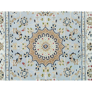 2'9"x8'4" Beau Blue, 250 Kpsi, Extra Soft Wool, Hand Knotted, Nain With Center Medallion Flower Design, Runner Oriental Rug FWR540180