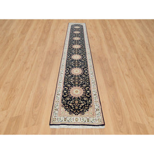 2'8"x15'10" Midnight Blue, Nain With Center Medallion Flower Design, 250 Kpsi, Organic Wool, Hand Knotted, Xl Runner Oriental Rug FWR540204