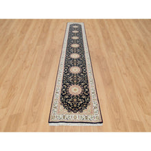 Load image into Gallery viewer, 2&#39;8&quot;x15&#39;10&quot; Midnight Blue, Nain With Center Medallion Flower Design, 250 Kpsi, Organic Wool, Hand Knotted, Xl Runner Oriental Rug FWR540204