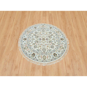 3'9"x3'9" Powder White, Nain With All Over Flower Design, 250 Kpsi, 100% Wool, Hand Knotted, Round Oriental Rug FWR540222