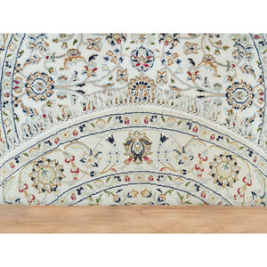3'9"x3'9" Powder White, Nain With All Over Flower Design, 250 Kpsi, 100% Wool, Hand Knotted, Round Oriental Rug FWR540222