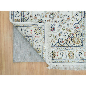 2'6"x8'2" Powder White, Hand Knotted, Nain With Center Medallion Flower Design, 250 Kpsi, Organic Wool, Runner Oriental Rug FWR540240