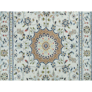 2'6"x8'2" Powder White, Hand Knotted, Nain With Center Medallion Flower Design, 250 Kpsi, Organic Wool, Runner Oriental Rug FWR540240