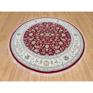 9'8"x9'8" Burgundy Red, Soft Wool, Hand Knotted, Nain with All Over Flower Design, 250 KPSI, Round Oriental Rug FWR540300