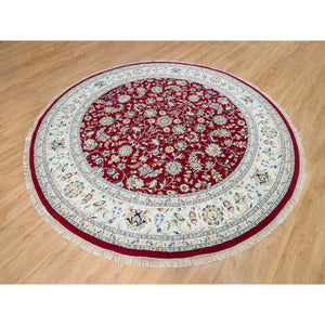 9'8"x9'8" Burgundy Red, Soft Wool, Hand Knotted, Nain with All Over Flower Design, 250 KPSI, Round Oriental Rug FWR540300