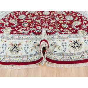 9'8"x9'8" Burgundy Red, Soft Wool, Hand Knotted, Nain with All Over Flower Design, 250 KPSI, Round Oriental Rug FWR540300