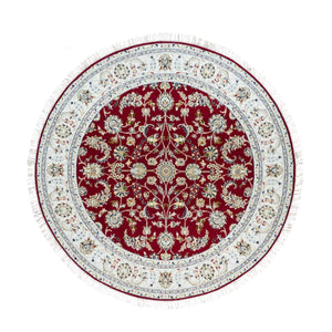 6'x6' Burgundy Red, 250 KPSI, Organic Wool, Hand Knotted, Nain with All Over Flower Design, Round Oriental Rug FWR540312