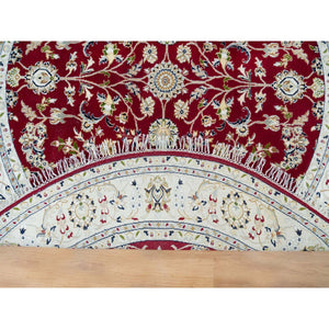6'x6' Burgundy Red, 250 KPSI, Organic Wool, Hand Knotted, Nain with All Over Flower Design, Round Oriental Rug FWR540312