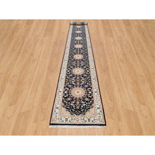 Load image into Gallery viewer, 2&#39;8&quot;x18&#39;5&quot; Midnight Blue, Nain With Center Medallion Flower Design, Pure Wool, Hand Knotted, 250 Kpsi, Xl Runner Oriental Rug FWR540390