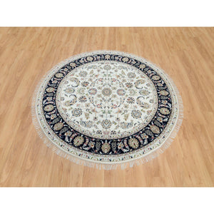 6'x6' Powder White, Hand Knotted, Nain with All Over Flower Design, 250 KPSI, Soft Wool, Round Oriental Rug FWR540408