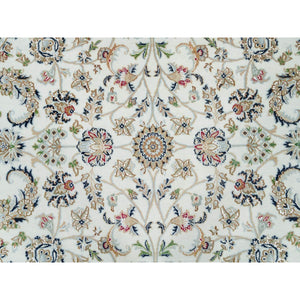 6'x6' Powder White, Hand Knotted, Nain with All Over Flower Design, 250 KPSI, Soft Wool, Round Oriental Rug FWR540408
