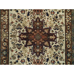 2'8"x12'3" Chiffon Beige, Antiqued Heriz Re-creation With Geometric Medallions, Vegetable Dyes, Natural Wool, Soft Pile, Hand Knotted Runner Oriental Rug FWR540516