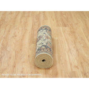 2'8"x12'3" Chiffon Beige, Antiqued Heriz Re-creation With Geometric Medallions, Vegetable Dyes, Natural Wool, Soft Pile, Hand Knotted Runner Oriental Rug FWR540516