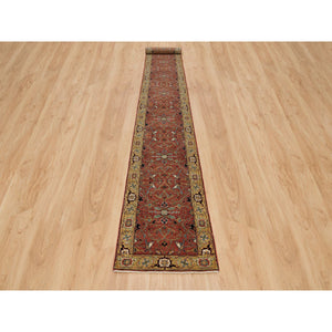 2'6"x20' Barn Red, Soft Pile, Antiqued Fine Heriz Re-Creation, Hand Knotted, 100% Wool, Dense Weave, XL Runner Oriental Rug FWR540558