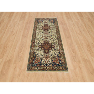 2'8"x6'1" Egg Shell Beige, Hand Knotted Antiqued Fine Heriz Re-Creation, Natural Dyes, Densely Woven, Soft Pile, Natural Wool, Runner Oriental Rug FWR540570