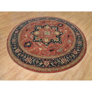 12'x12' Japanese Carmine Red, Soft And Lush, Dense Weave, Hand Knotted, Antiqued Fine Heriz Re-creation, Vegetable Dyes, 100% Wool, Round Oriental Rug FWR540612