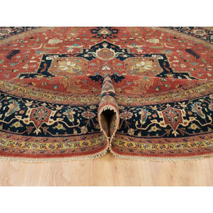 12'x12' Japanese Carmine Red, Soft And Lush, Dense Weave, Hand Knotted, Antiqued Fine Heriz Re-creation, Vegetable Dyes, 100% Wool, Round Oriental Rug FWR540612